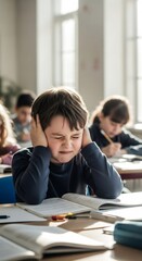 Fototapeta premium Young boy covering his ears with hands, experiencing sensory overload or auditory sensitivity in a classroom setting, concept for neurodiversity awareness.