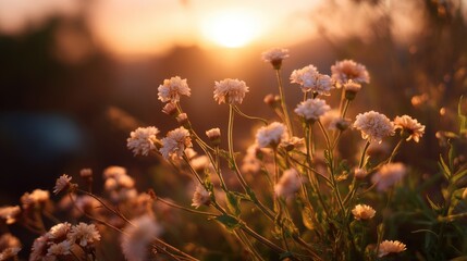 Delicate Wildflowers in Soft Sunset Glow Over a peaceful Meadow
