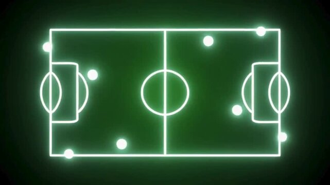 A soccer field glows brightly in neon green on a dark background in an overhead view with 5.mp4 as reference