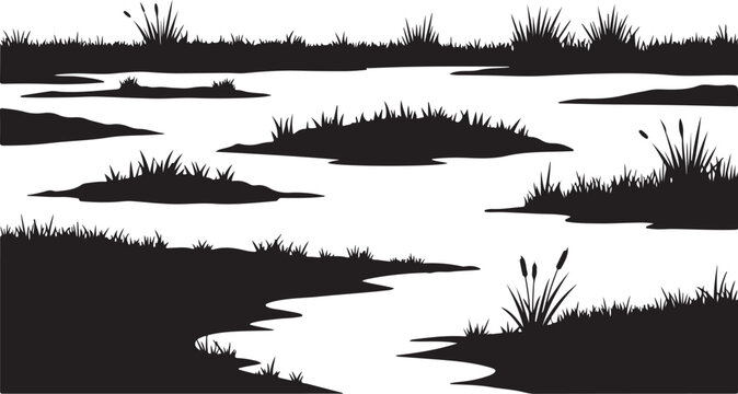 Serene black and white landscape with water and grass
