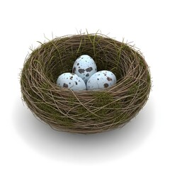 Obraz premium Bird nest with three speckled blue eggs inside