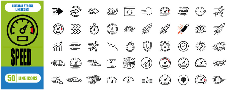 SPEED OUTLINE ICON SET. CONTAINING FAST, SLOW, MOVEMENT, INDICATOR, TURBO, SPEEDING, PRODUCTIVITY, SPEEDOMETER, AND MORE. EDITABLE STROKE. VECTOR ILLUSTRATION, 