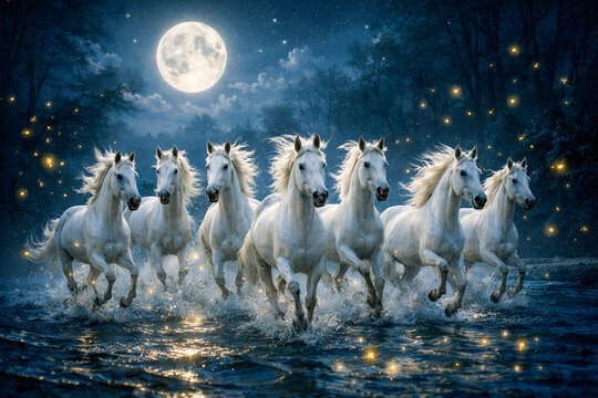 Seven White Horses Galloping through Water at Night under Full Moon with Fireflies for Vastu Shastra and Spiritual Peace Concept Ai Genreted 