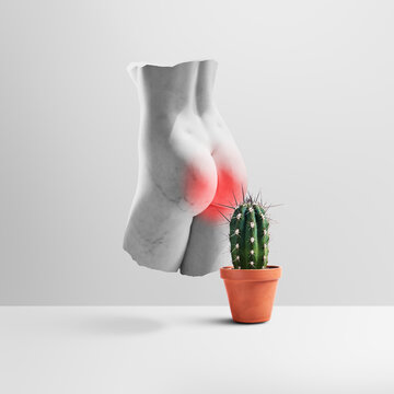 Creative art collage of plaster statue of human buttocks with red glow and prickly cactus. Concept of hemorrhoid inflammation, acute pain, sciatica, coccyx injury or proctology problem.