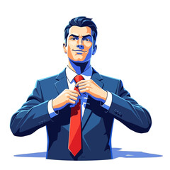 Man Adjusting Red Tie in Suit.