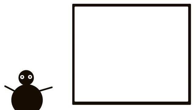 The image depicts a dancing black snowman or animal or character with stick-like arms. Next to him is a large rectangular frame.