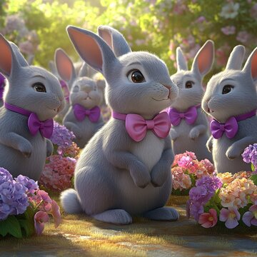 Bunnies adorned with cute bow ties gather joyfully in a vibrant garden filled with blooms