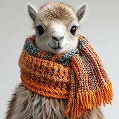 Obraz premium A joyful llama models a vibrant knitted scarf in an adorable winter setting