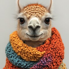 Obraz premium A charming llama exudes cheer while wearing a vibrant crochet scarf in soft light