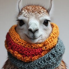 Obraz premium Crafted wool adorns this adorable llama, radiating cozy vibes in a cheerful atmosphere