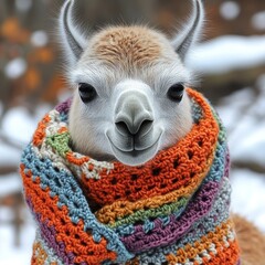 Obraz premium A cheerful llama wearing a vibrant scarf stands against a serene winter backdrop