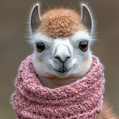 Fototapeta premium A charming llama stands proudly in a soft pink scarf, exuding a delightful presence