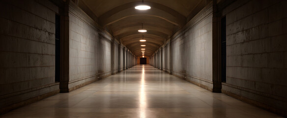 Naklejka premium The long hallway stretches like a quiet river flowing into empty space with simple lighting