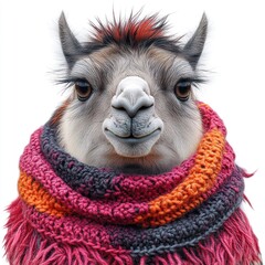 Obraz premium A cheerful llama in colorful scarves shows off its charm in a cozy scene