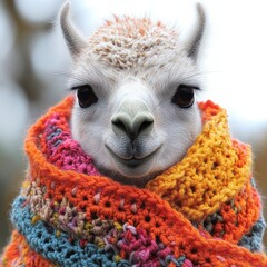 Obraz premium A charming llama enjoys a cozy moment wrapped in a vibrant crochet scarf outdoors