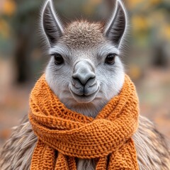 Obraz premium A delightful llama is wrapped in a warm orange scarf enjoying the fall colors