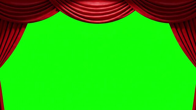 Green Screen a realistic red fabric curtain with pleats opens on theater 4k 3d animation scene 2 distortion, overlay, glitch, static noise, scan lines black background, animated video loop