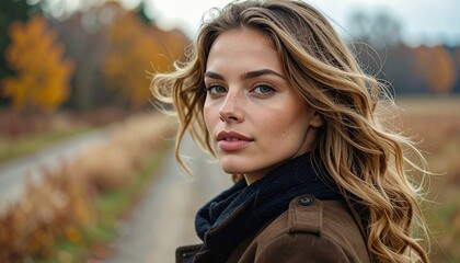 Portrait of a young woman with wavy blonde hair in autumn.