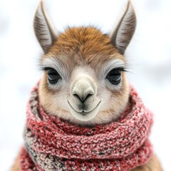 Obraz premium A cheerful young alpaca dons a stylish scarf against a wintry backdrop, brimming with joy