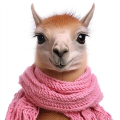 Fototapeta premium A smiling llama in a bright pink scarf stands against a soft backdrop