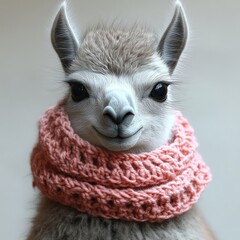 Obraz premium A friendly llama showcases its unique character with a soft pink scarf in a warm space