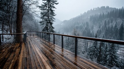 Naklejka premium Modern wooden deck with cable railing overlooks a snowy forest landscape. Use for themes of winter escape, architecture, nature, or tranquil design.