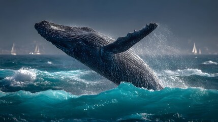 Whale leaps from ocean waves showing a huge dark shape above sparkling teal water.