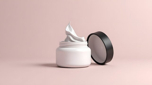 A white cosmetic cream jar with an open lid and swirled content on a soft pink background viewed from a slight angle
