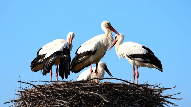 White storks in nest under blue sky natural scene