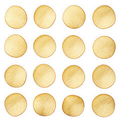 Naklejka premium Arrangement of fifteen golden circles with textured surfaces on transparent background