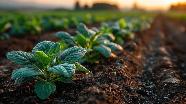 Vibrant young kale sprouts in fertile soil bathed in golden light. Perfect for showcasing organic farming, fresh produce, and sustainability.