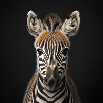 A young zebra stands still, showcasing its unique stripes and expressive eyes in detail