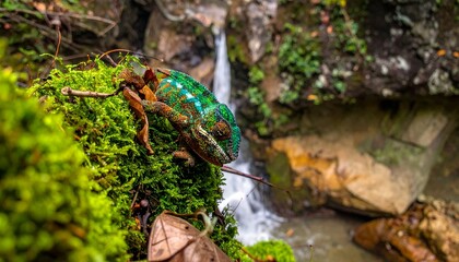 Macro shot of a vibrant green chameleon perched on mossy rocks near a waterfall.