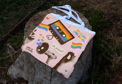 Mockup from real photo of White Tote Bag on Tree Stump in Nature