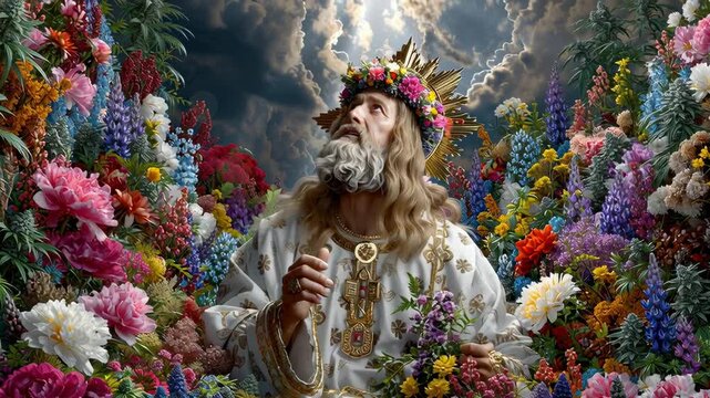 Video of psychedelic god or prophet in flowers and plants