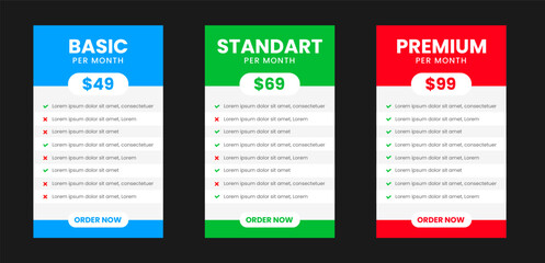 Professional ThreeTier Subscription Pricing Plan Comparison Table with Basic, Standard, and Premium Options featuring Vibrant Pink, Orange, and Green Color Schemes on a Modern Dark Background