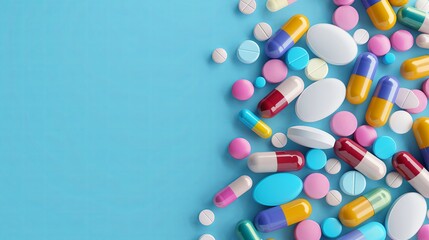 Collection of diverse capsules and tablets arranged on colorful backdrop for promotional imagery