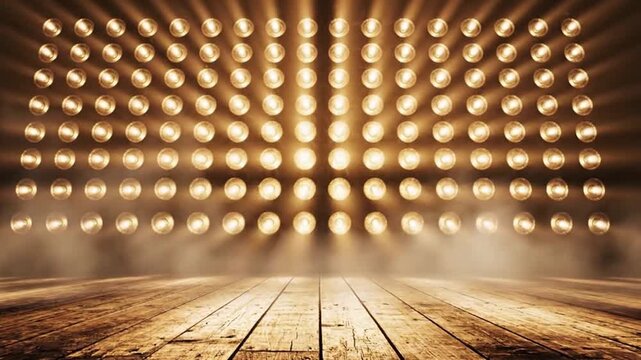 An empty stage with a rustic wooden floor and a wall of warm flashing lights, a perfect professional background for a show or presentation