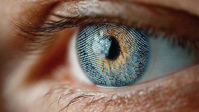 Video of human eye with digital pattern on iris - concept of uniqueness, identity, biometric identification, global control
