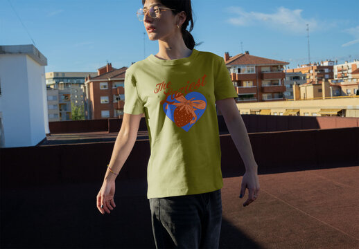 Mockup of real photo from Woman Wearing a T-Shirt on a Rooftop