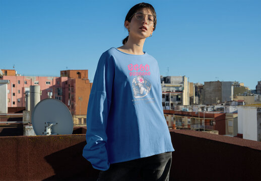 Mockup of real photo from Woman Poses with XL long-sleeved t-shirt