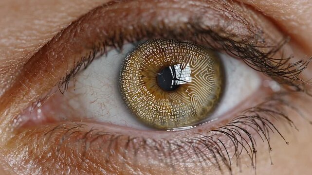 Video of human eye with digital pattern on iris - concept of uniqueness, identity, biometric identification, global control