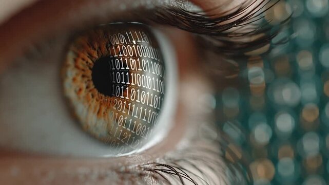 Video of human eye with digital pattern on iris - concept of uniqueness, identity, biometric identification, global control