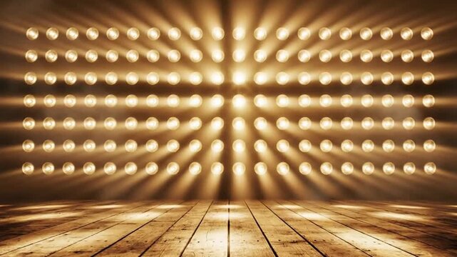 A dynamic stage with a bright flashing light wall and wooden floor, a perfect energetic background for music events, performances, or presentations