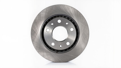 Automotive brake disc rotor isolated on white background, essential metal component of the vehicle braking system.
