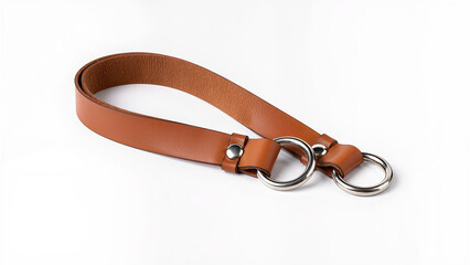 Brown leather furniture handle with metal rings isolated on white background, minimalist and modern home hardware accessory.