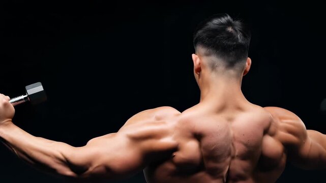Muscular Man Performing Dumbbell Lateral Raises from Back View