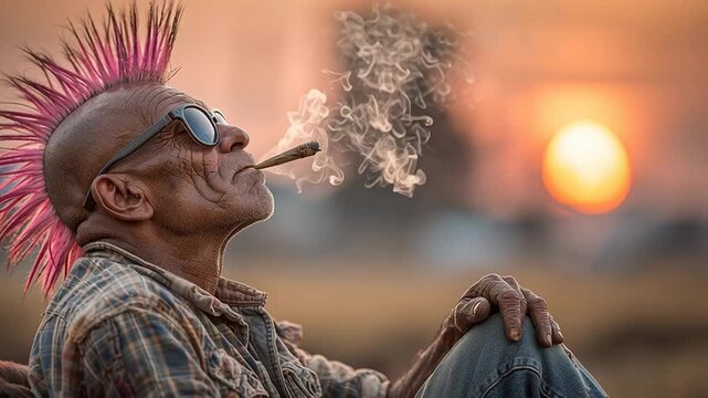 Video of old punk man smoking cannabis