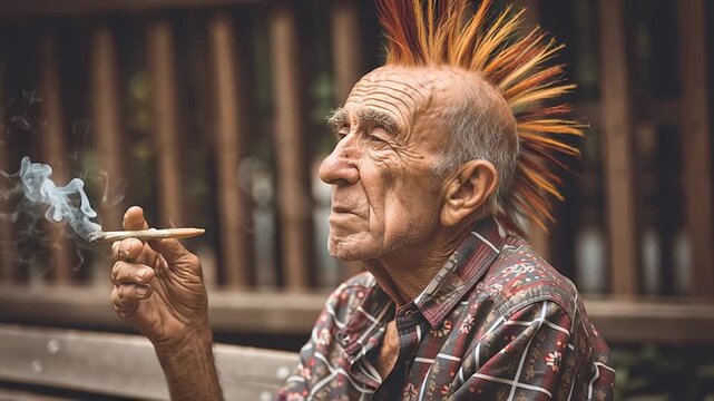 Video of old punk man smoking cannabis