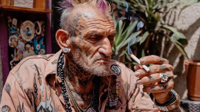 Video of old punk man smoking cannabis